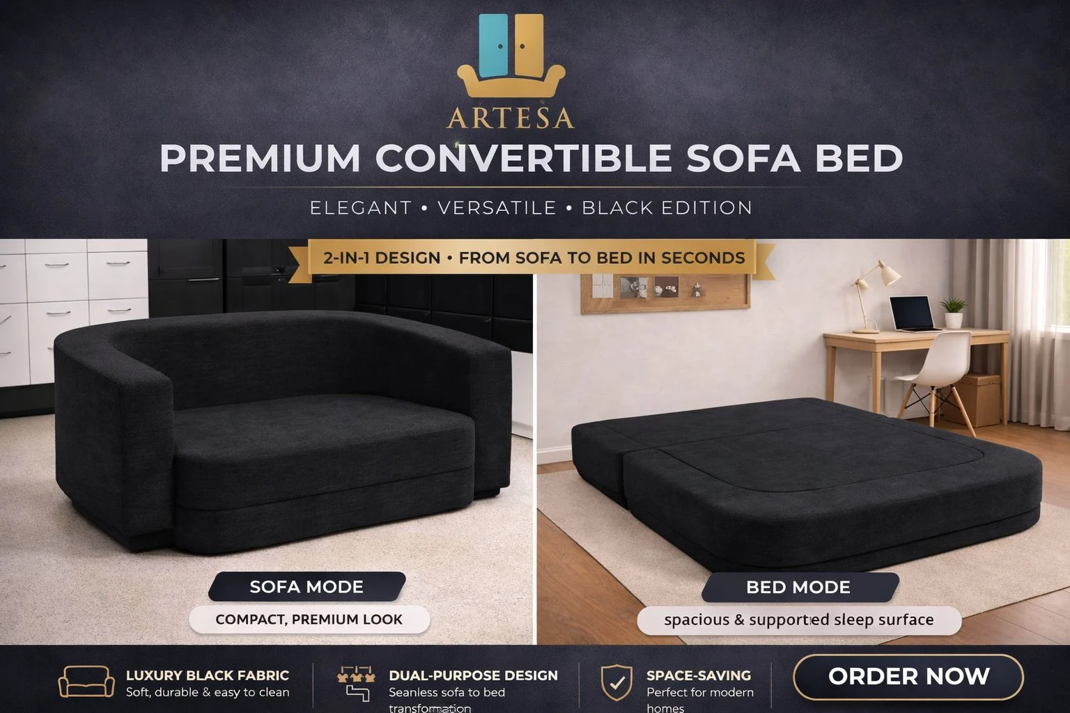 Emma Sofa Bed Black 2 seater